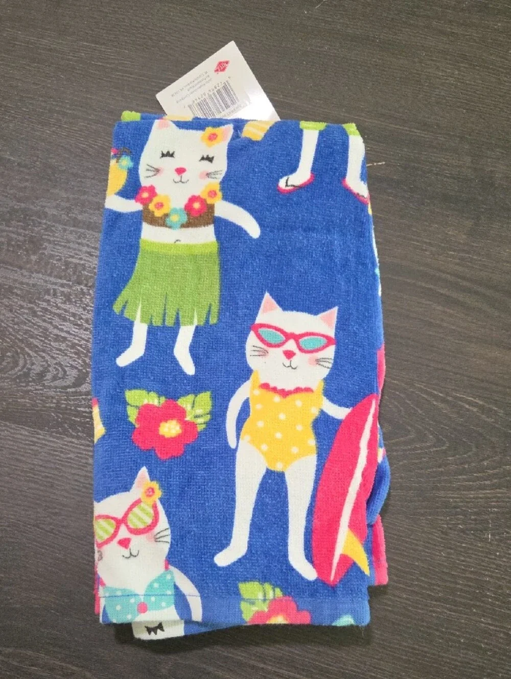 Blue Cat-Print Cotton Kitchen Towels - Playful Beach Design